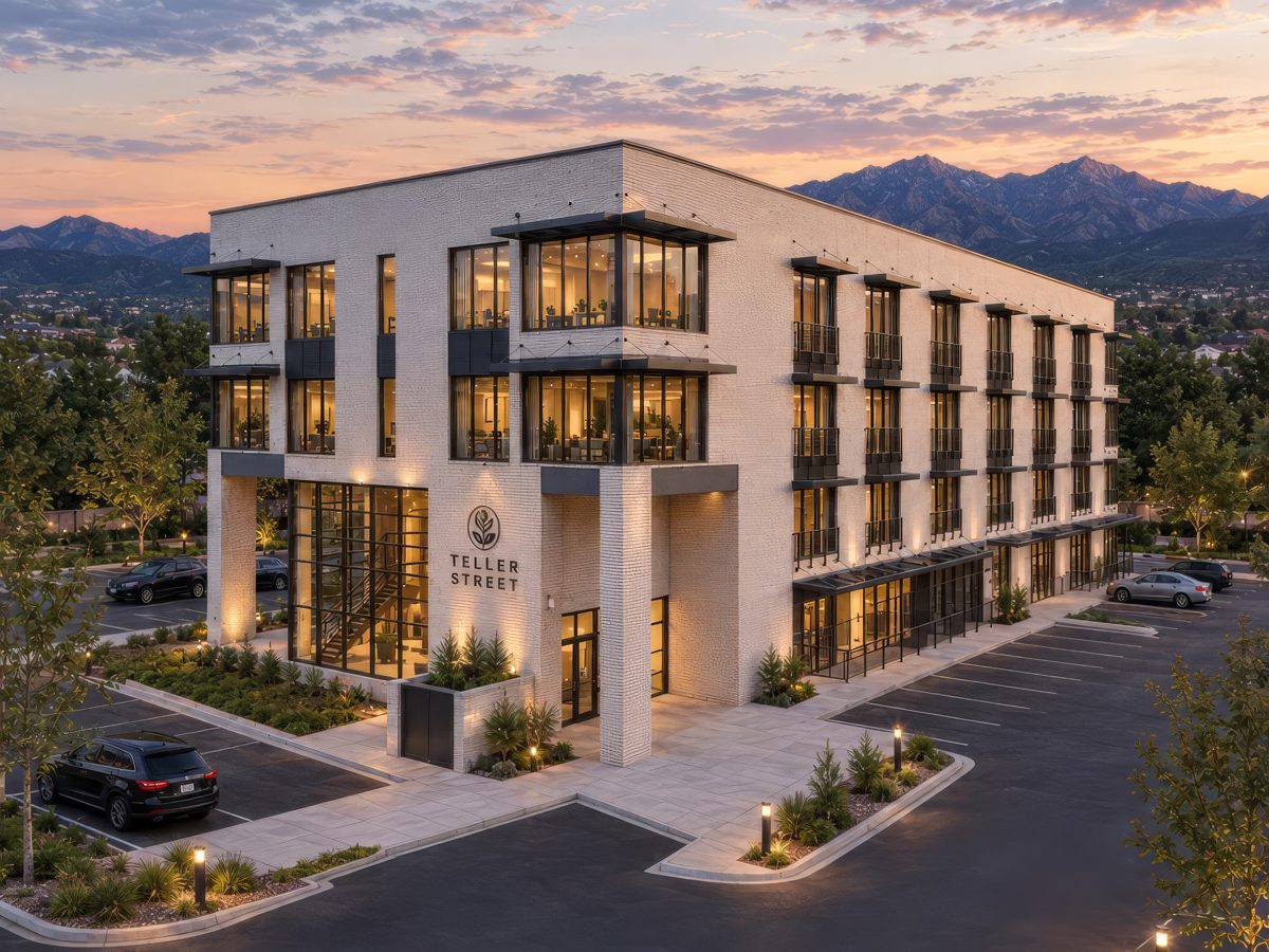 The building at dusk